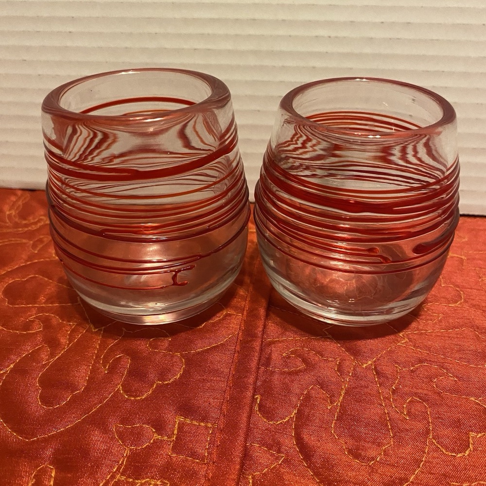 Hand Blown Clear Art Glass Red Spiral Glass Rings Votive/Sm Vase‎ /Shot Glass